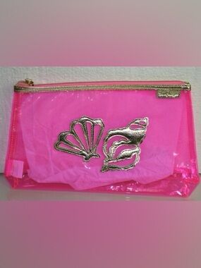 Lilly Pulitzer Hot Pink Cosmetic Pouch with Gold Seashells